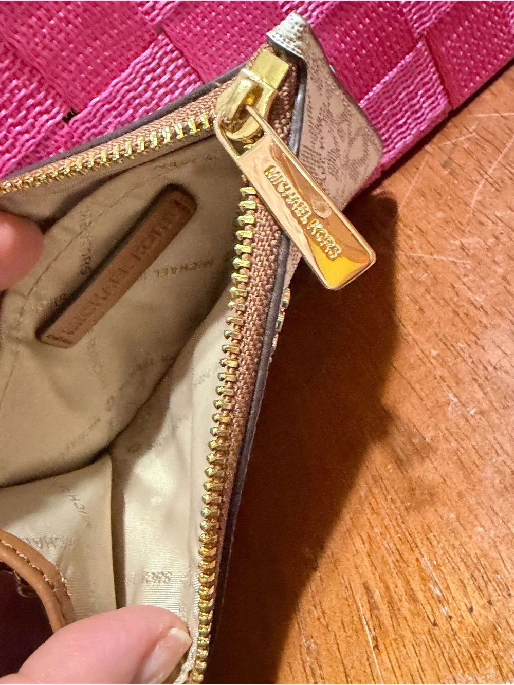 Michael Kors Cream Logo Zip Wristlet with Gold Hardware
